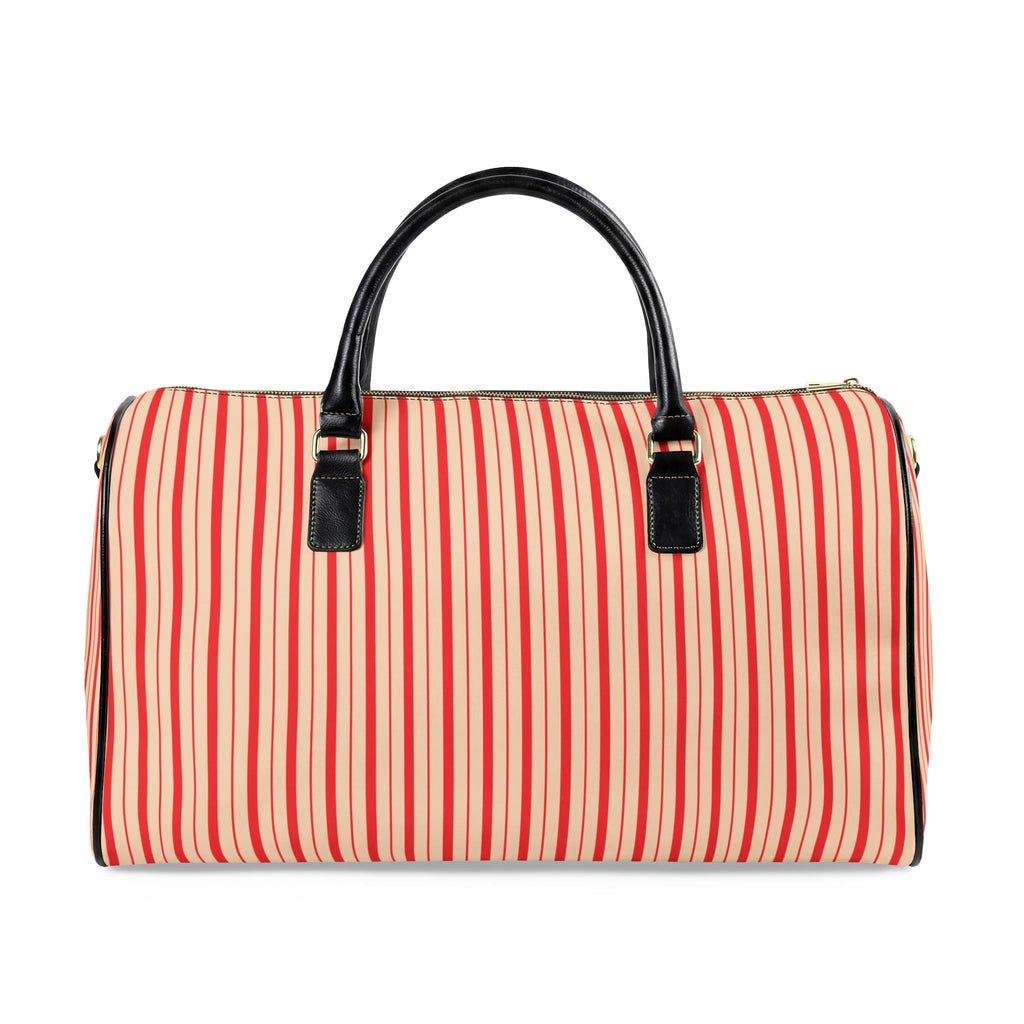 Modern Preppy Leather Travel Bag, BON VOYAGE – RED Striped Weekender Duffle