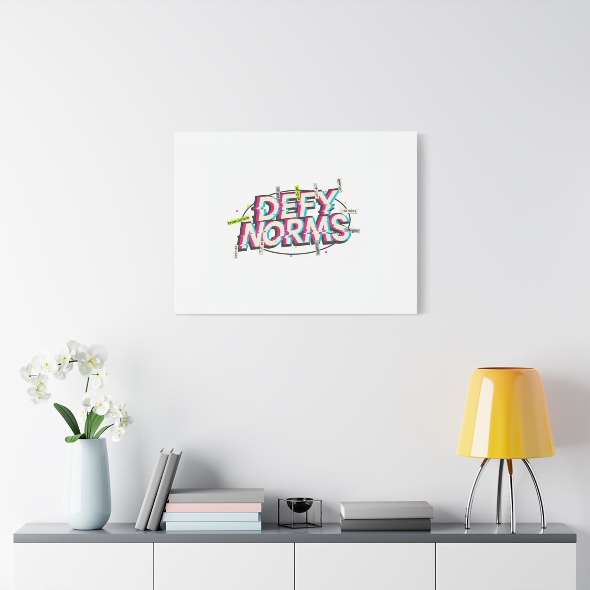 Defy Norms Canvas, Anti-Aesthetic Glitch Typography, Brutalist Poster Style