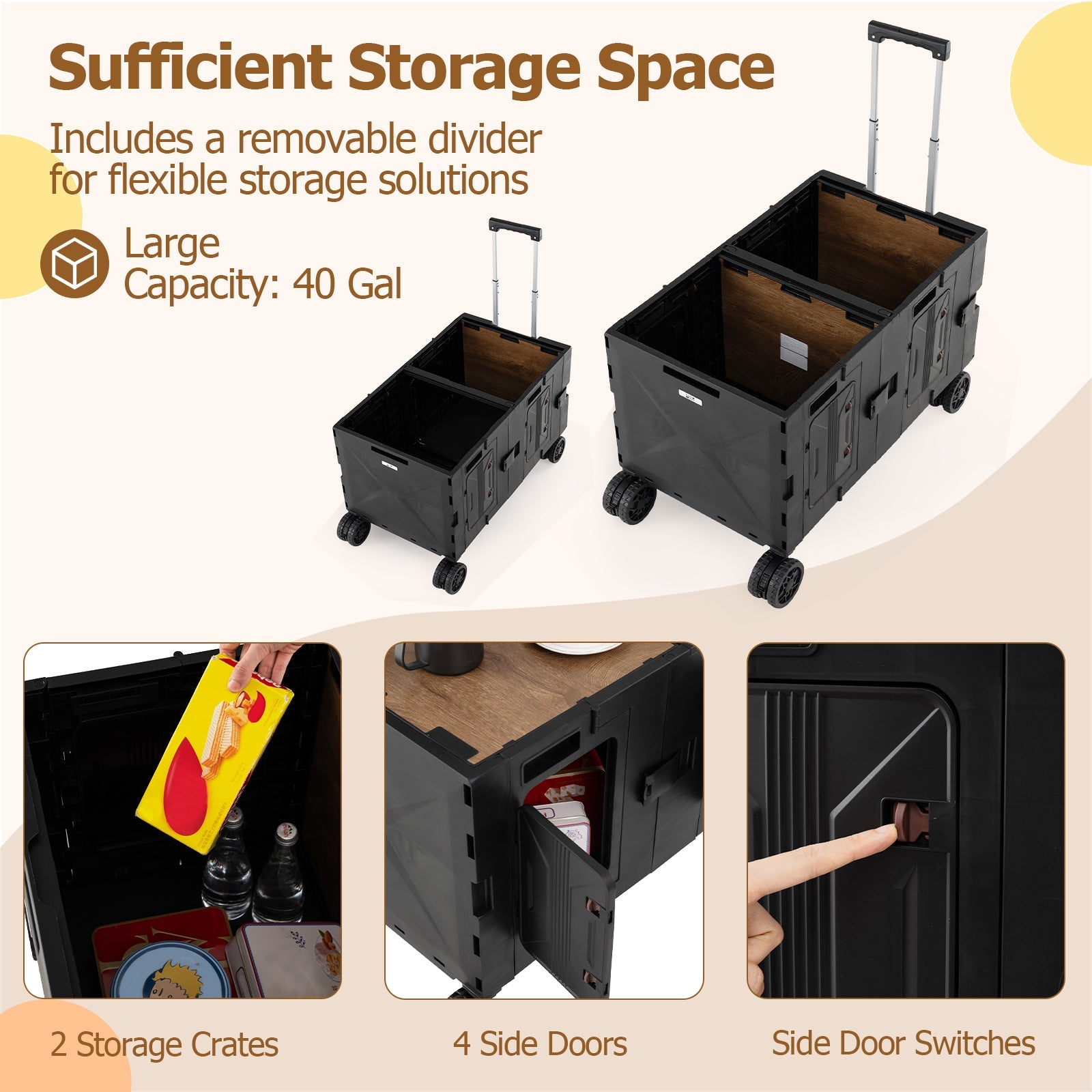 Large Foldable Utility Cart with 2-Tier Storage Crates and Telescoping Handle