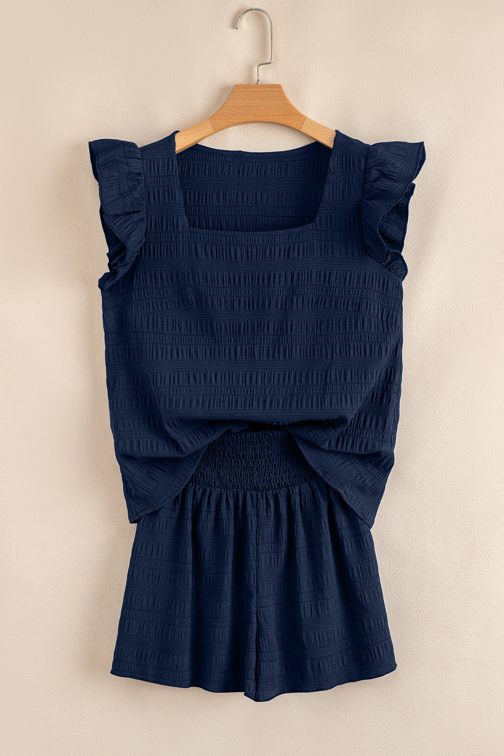 Dirty Blue Textured Square Neck Top and Shirred High Waist Shorts Set
