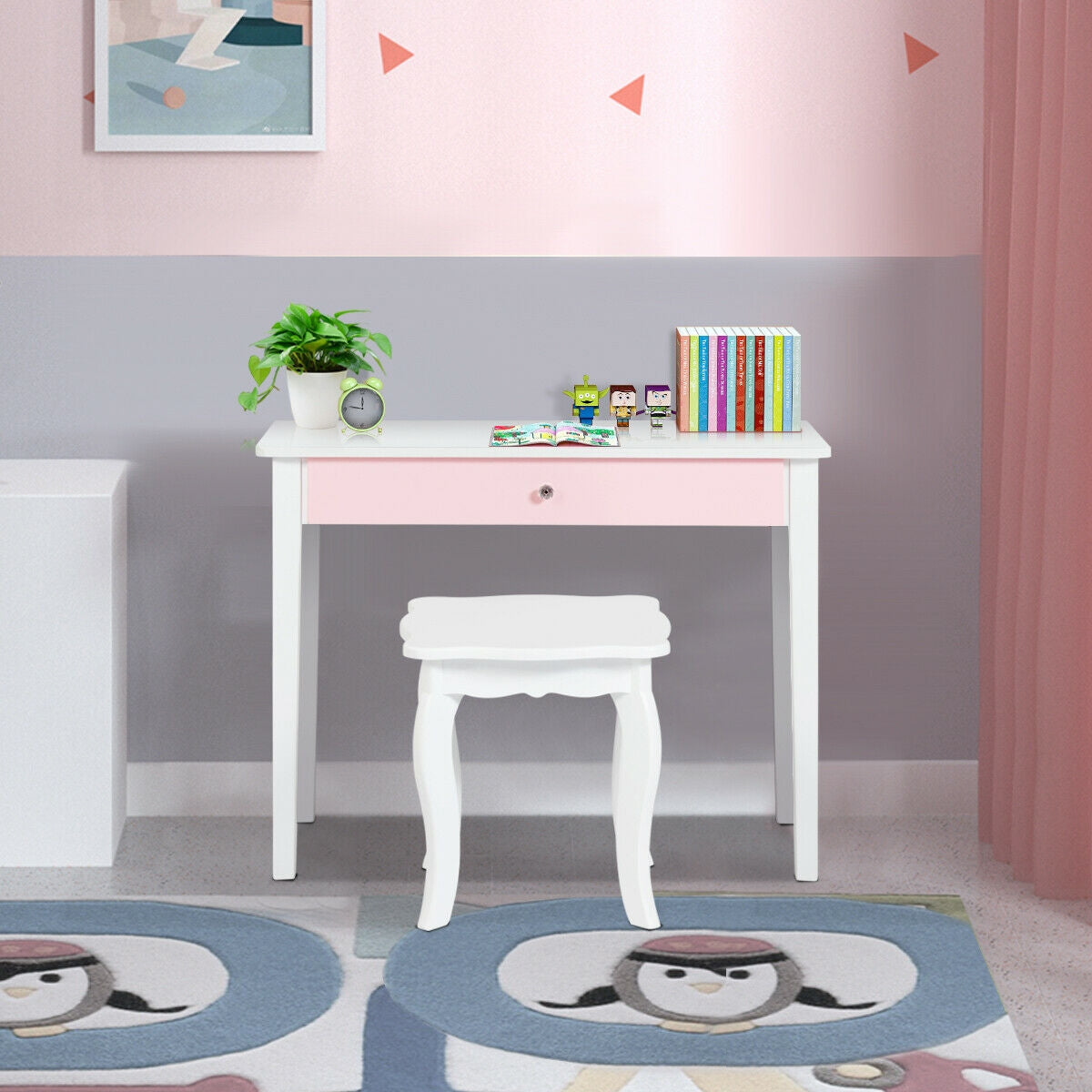 Kids Princess Make Up Dressing Table with Tri-folding Mirror and Chair-White