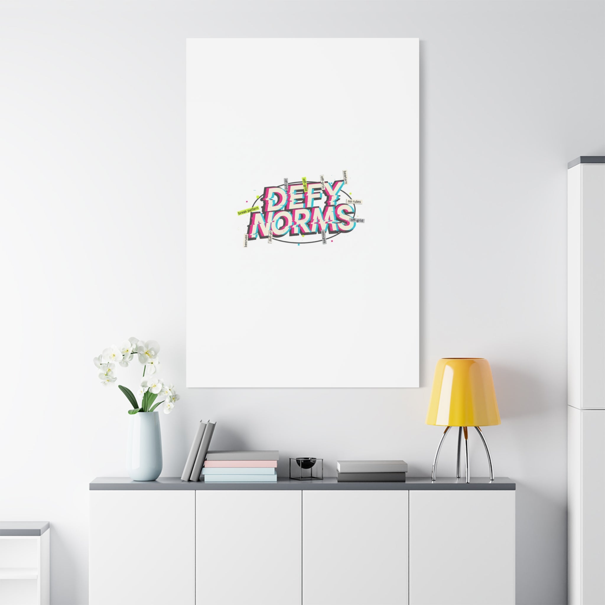 Defy Norms Canvas, Anti-Aesthetic Glitch Typography, Brutalist Poster Style