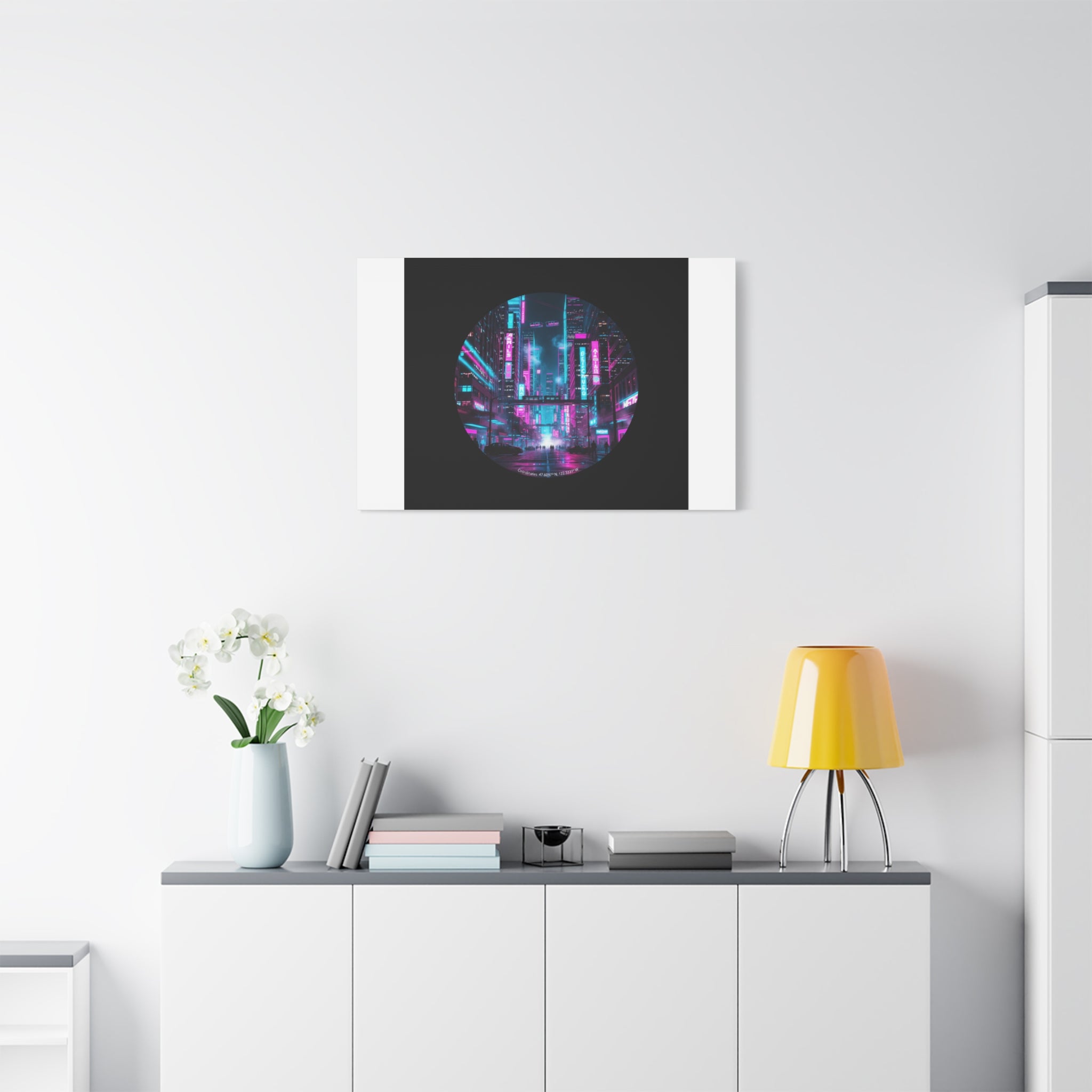 Neon Cyberpunk Cityscape Canvas | synthwave skyline, future city art