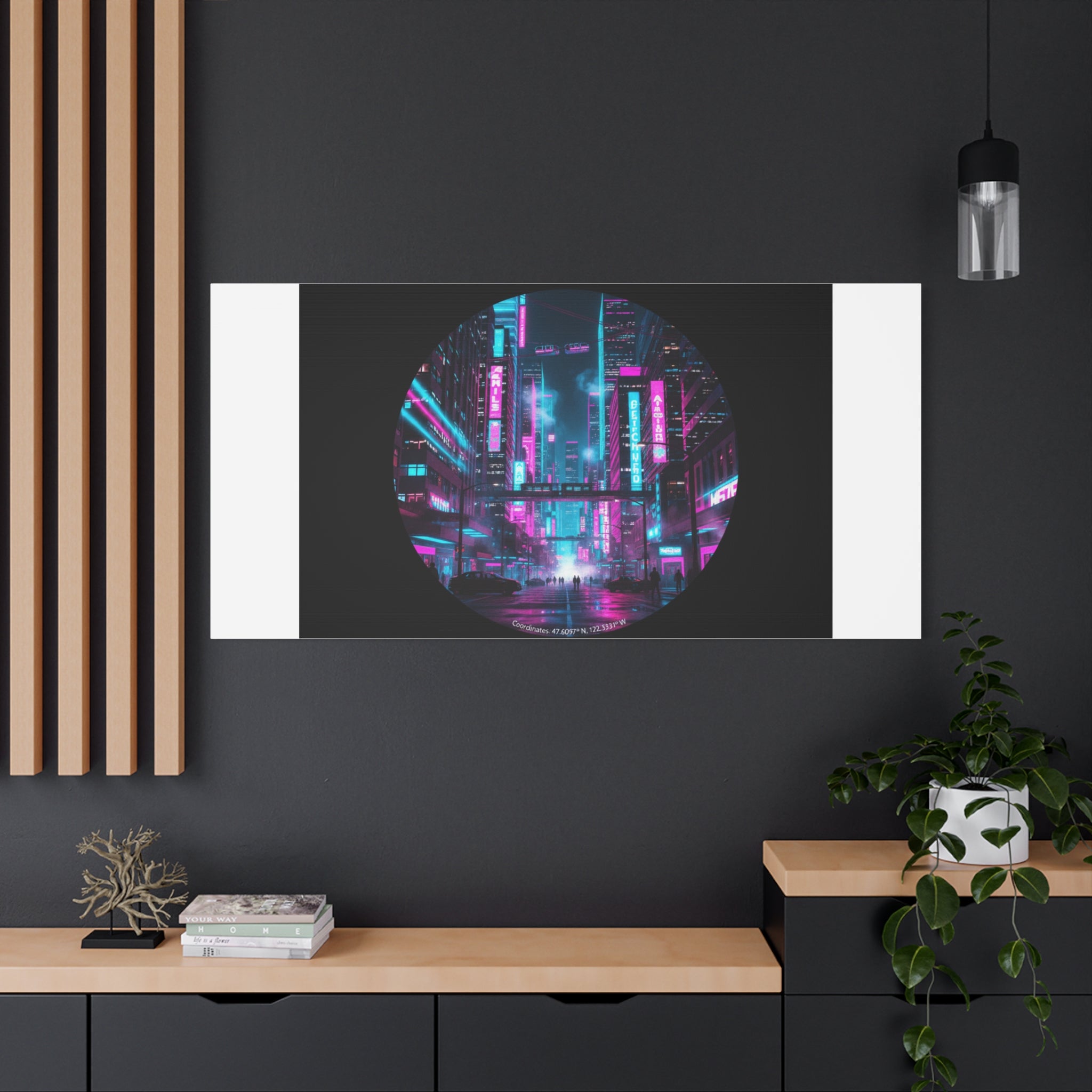 Neon Cyberpunk Cityscape Canvas | synthwave skyline, future city art