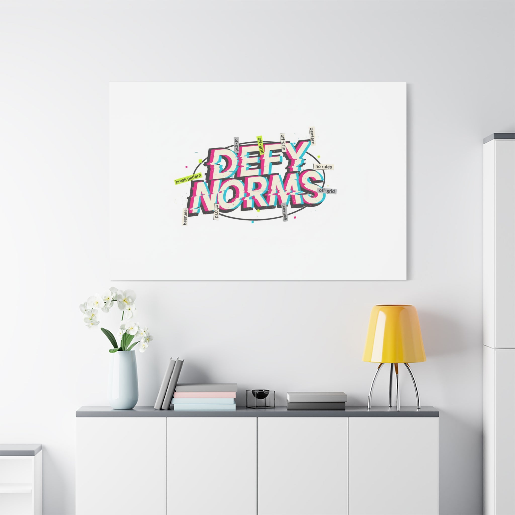 Defy Norms Canvas, Anti-Aesthetic Glitch Typography, Brutalist Poster Style