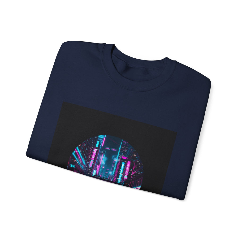 Neon Cyberpunk Skyline Sweatshirt | synthwave cityscape, future city art