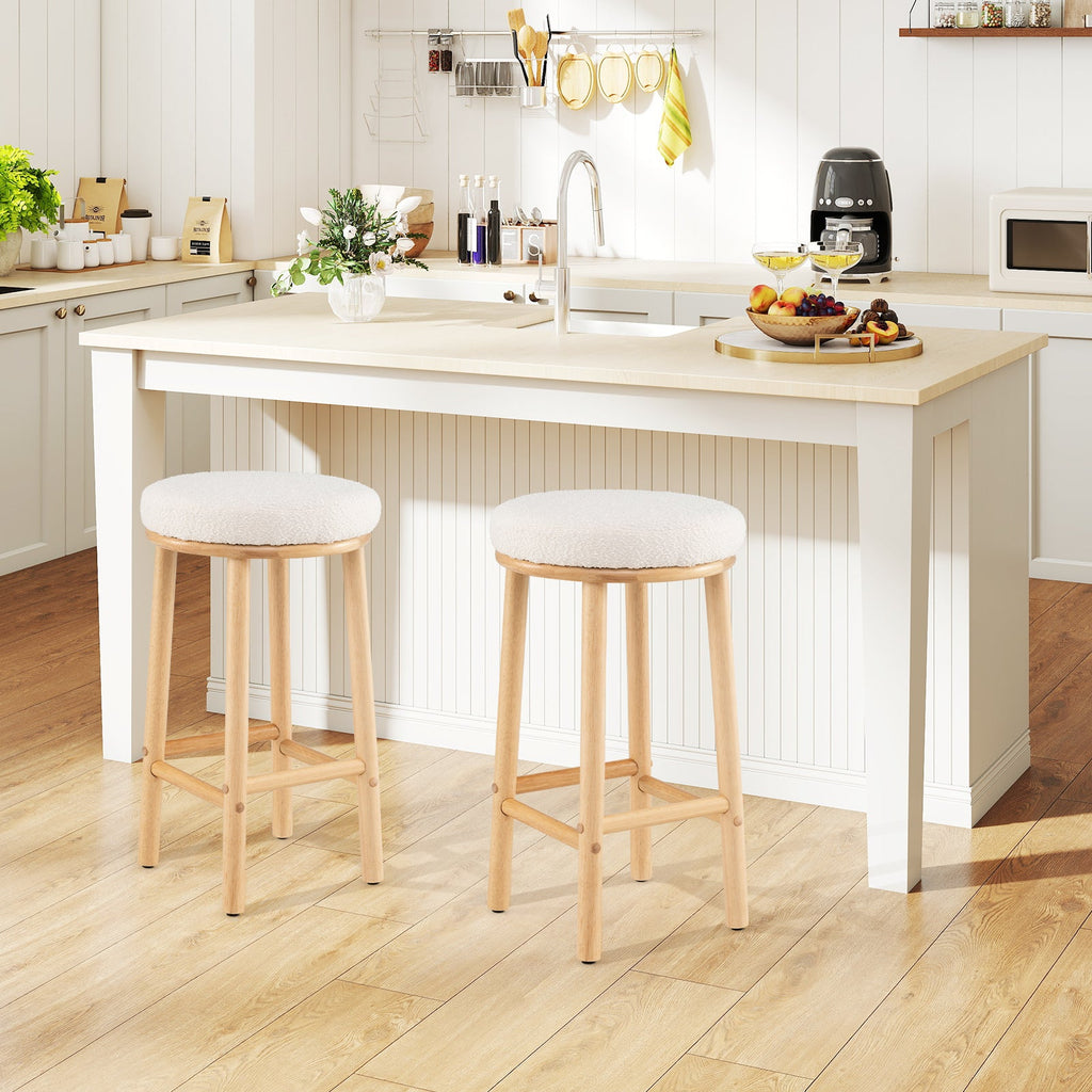 27" Bar Stools Set of 2 Upholstered Barstools with Boucle Fabric Seats-White