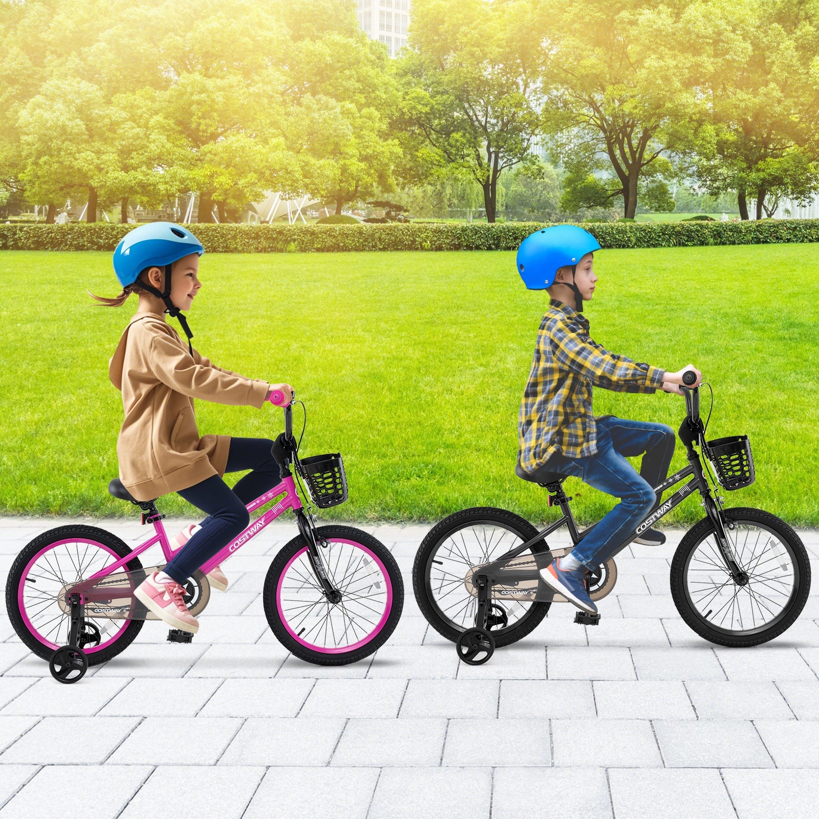 18 Inch Kids Bike with Basket and Training Wheels for Children Aged 4-8 Years Old