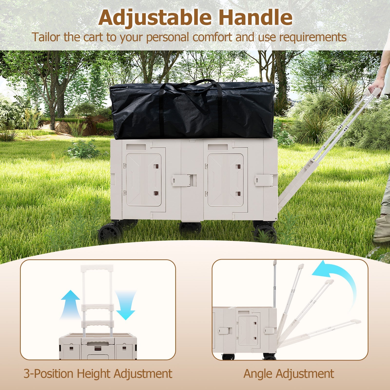 Large Foldable Utility Cart with 2-Tier Storage Crates and Telescoping Handle