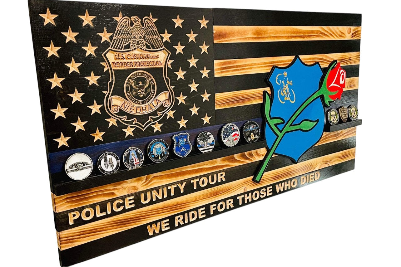 Custom Wooden Challenge Coin Display Flag with Engraved Badge