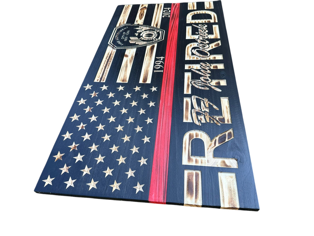 Custom Retirement Wooden American Flag with Engraved Badges