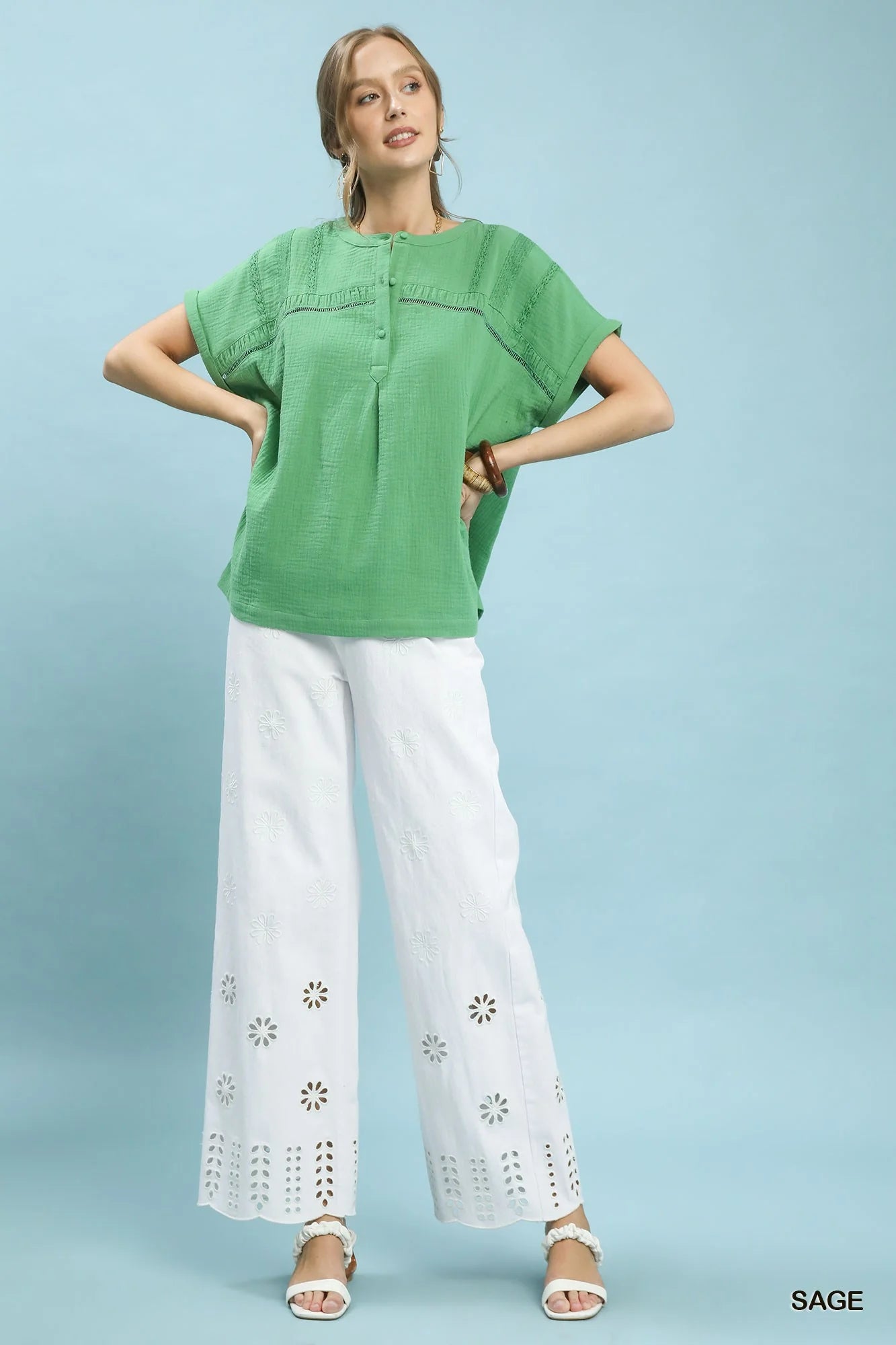 Umgee Textured Gauze Split-Neck Boho Blouse