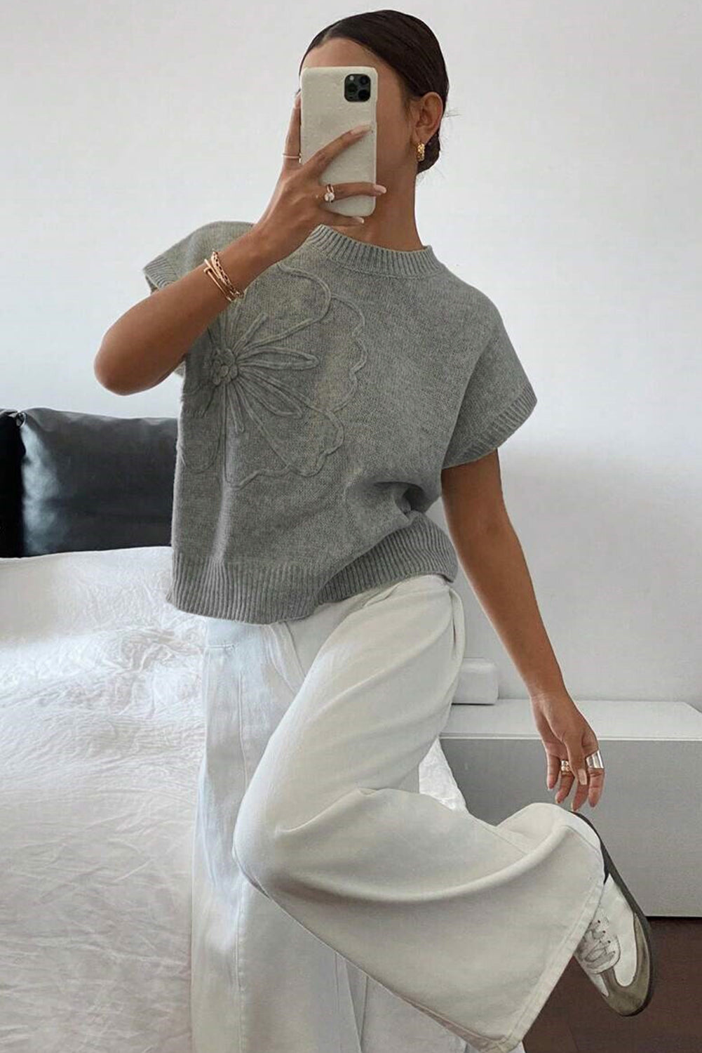 High Flower Pattern Ribbed Trim Short Sleeve Boxy Sweater