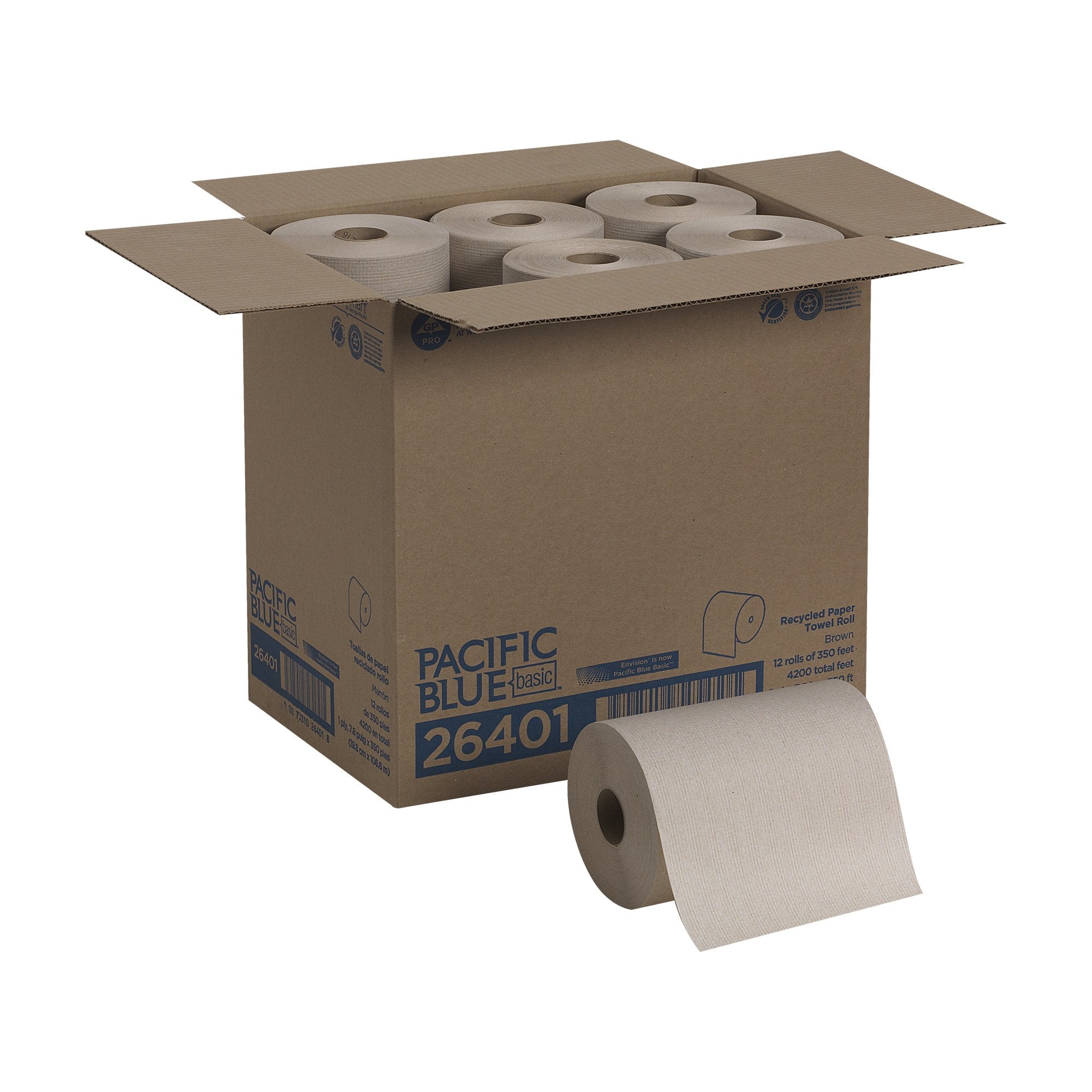 Pacific Blue Basic™ Brown Paper Towel, 7-7/8 Inch x 350 Foot, 12 Rolls per Case 26401
