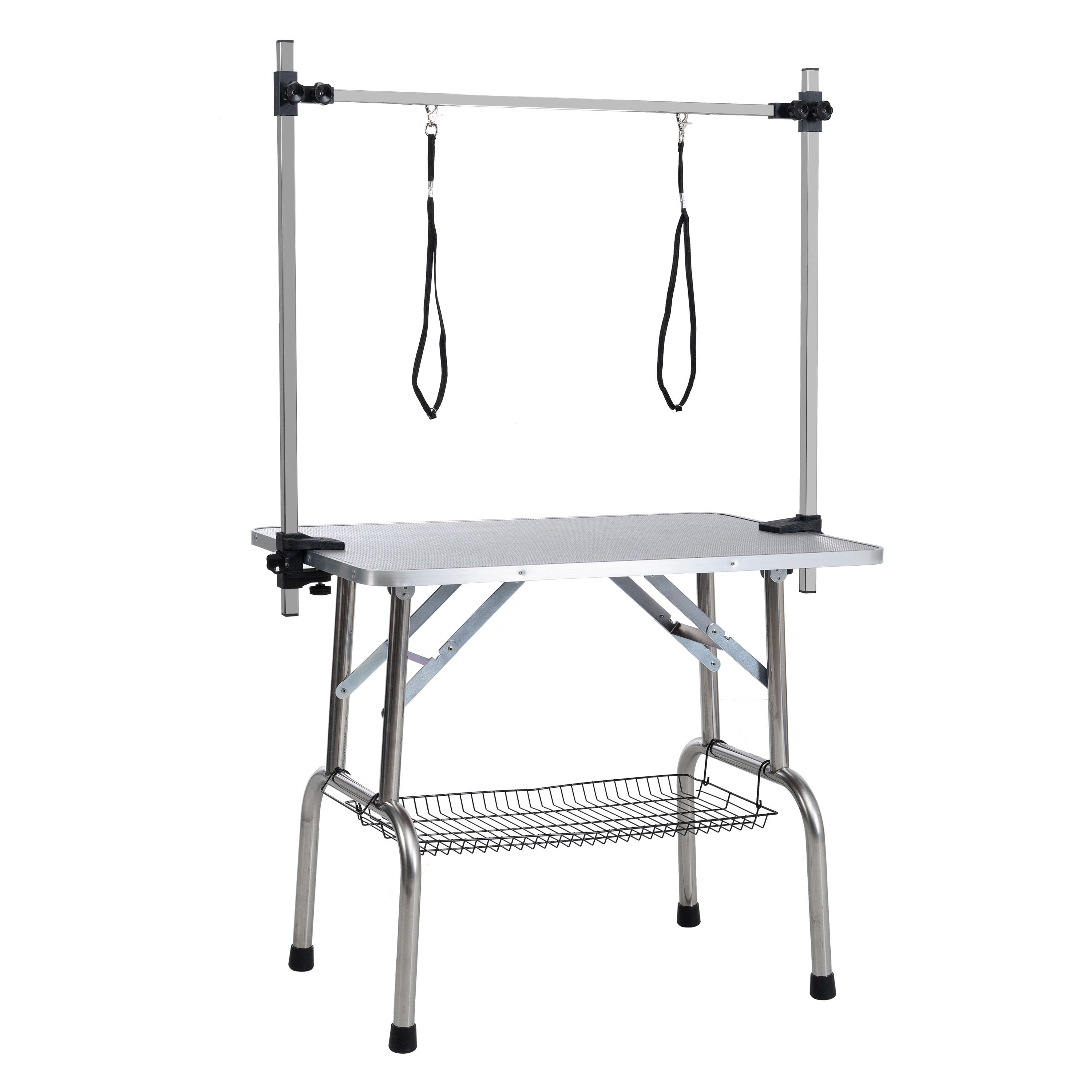 46' Folding Dog Pet Grooming Table Stainless Steel Frame Rubber Mat on Board with Adjustable Arm and Clamps pet dog Cat Grooming Table (SILVER-GRAY COLOR)