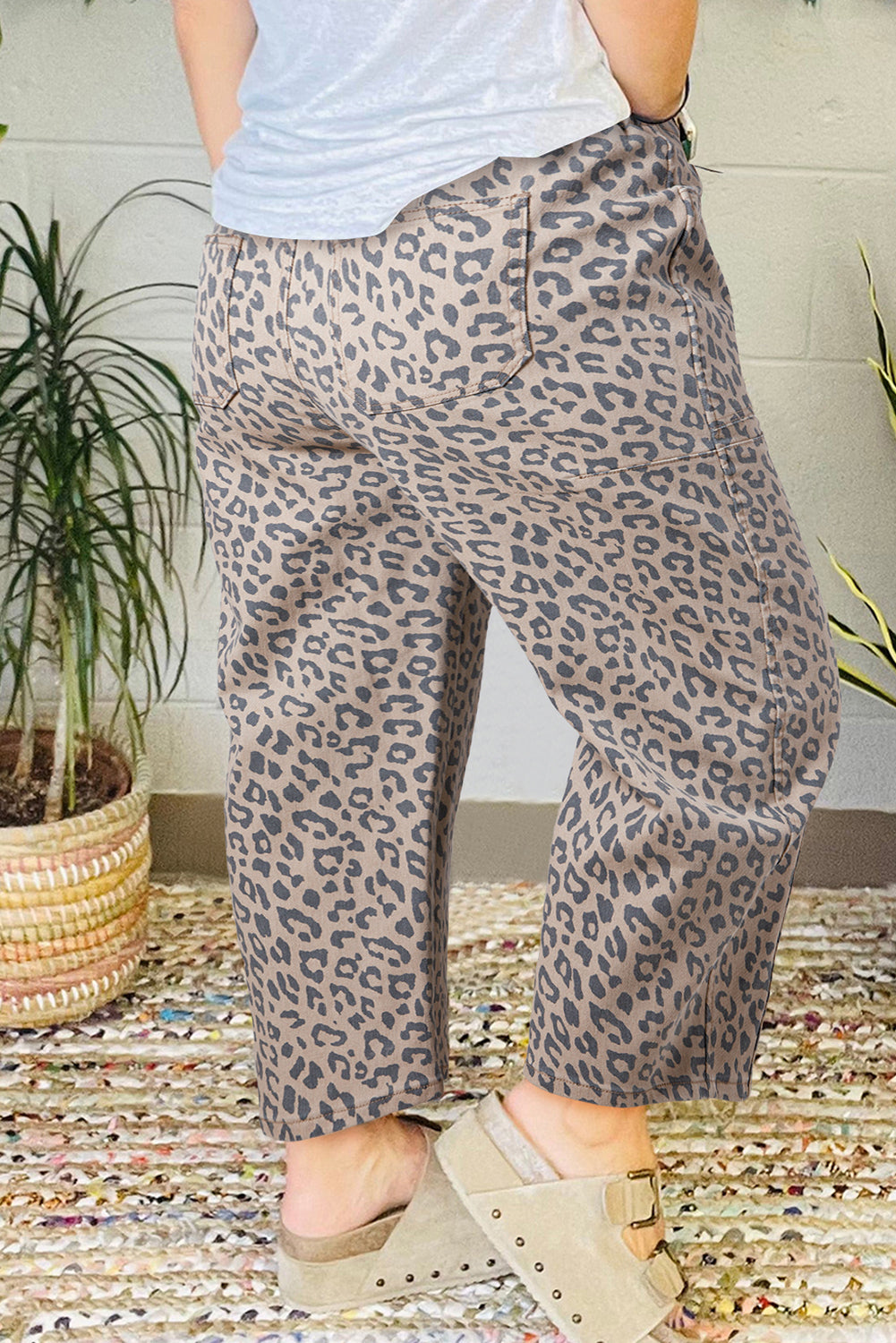 Blue Leopard Print Drawstring Waist Pocketed Wide Leg Jeans