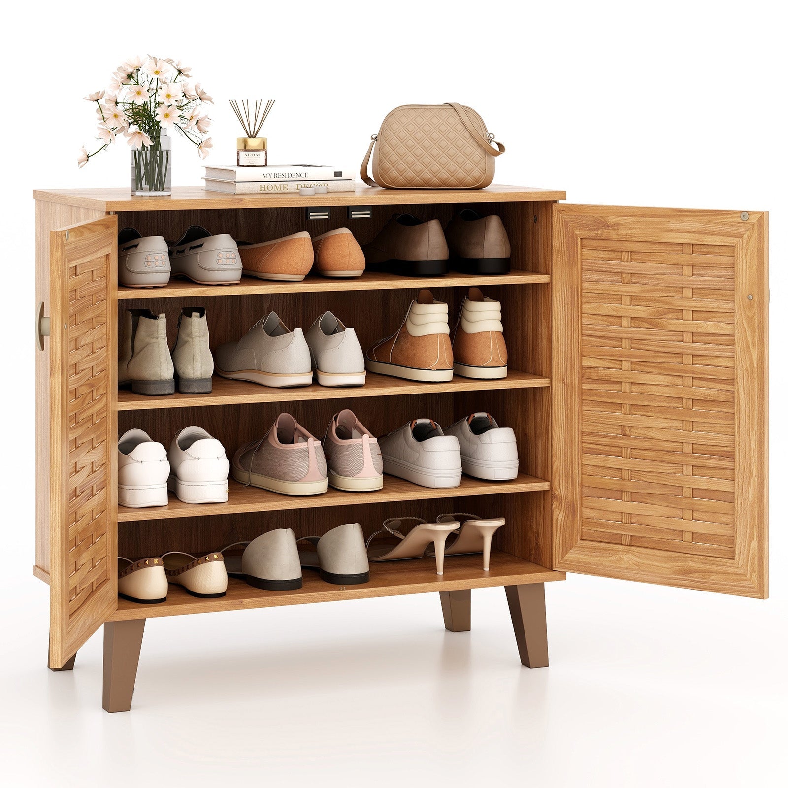 2-Door 4-Tier Shoe Cabinet Storage Organizer with Ventilated Woven Doors-Teak