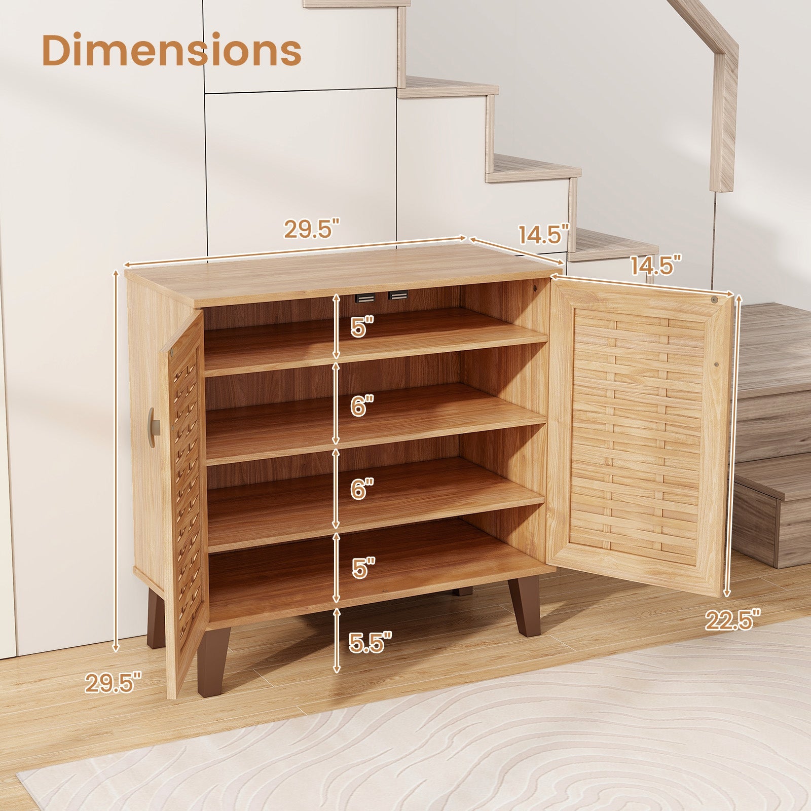 2-Door 4-Tier Shoe Cabinet Storage Organizer with Ventilated Woven Doors-Teak