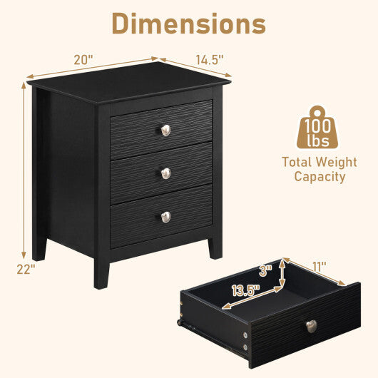 Modern Farmhouse 3-Drawer Night Stand with Wood Grain Accents for Bedroom-Black