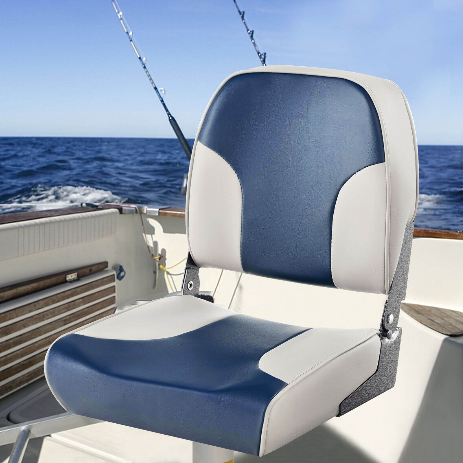 2 Pieces Low Back Boat Seat Set with Sponge Padding and Aluminum Hinges-Blue