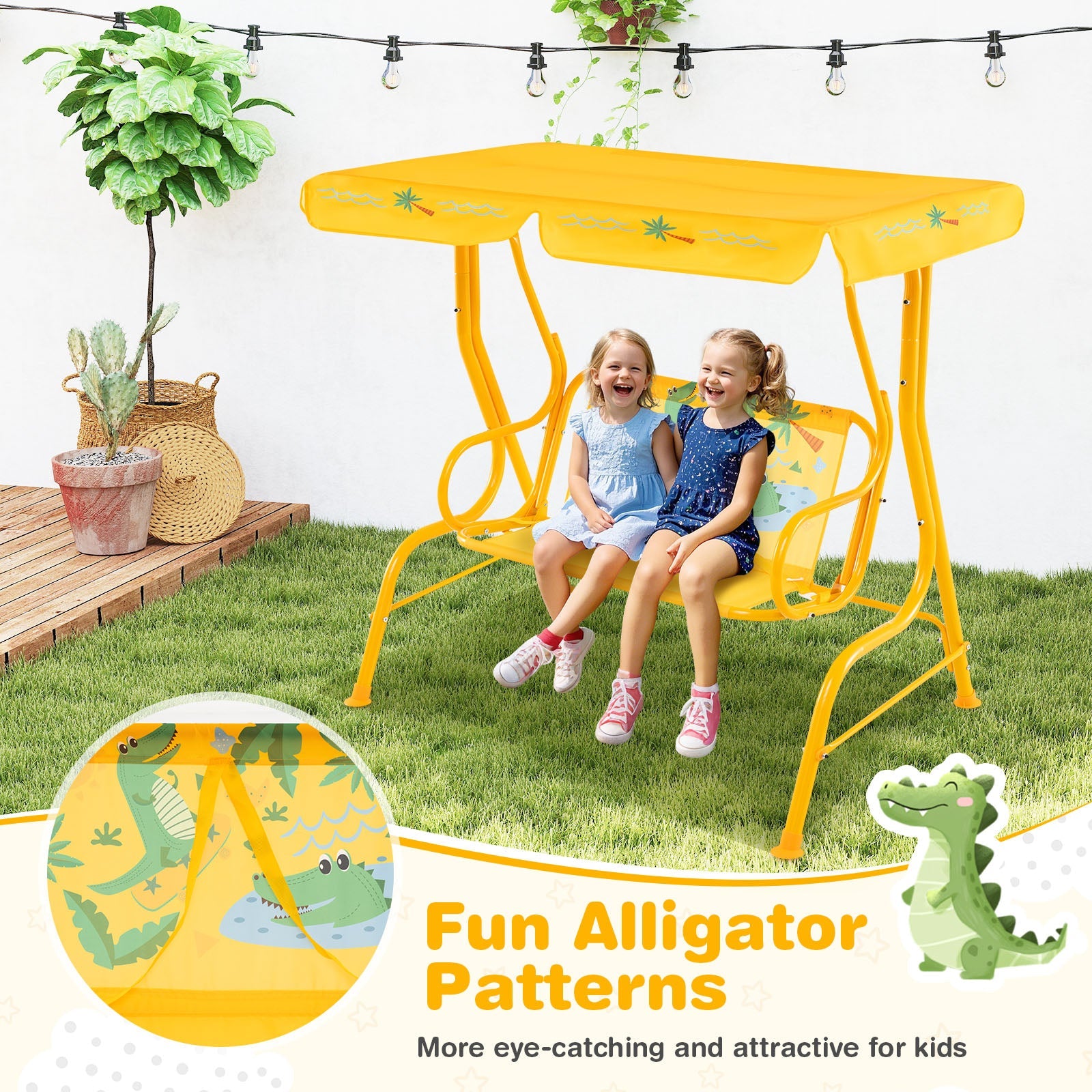2-Seater Kids Patio Swing with Metal Stand and Adjustable Canopy-Yellow