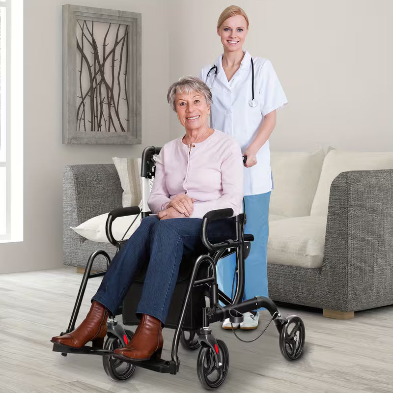 2-in-1 Folding Rollator Walker, Transport Wheelchair wSeat, Reversible Backrest