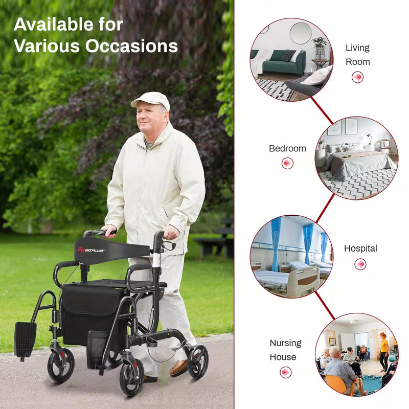2-in-1 Folding Rollator Walker, Transport Wheelchair wSeat, Reversible Backrest