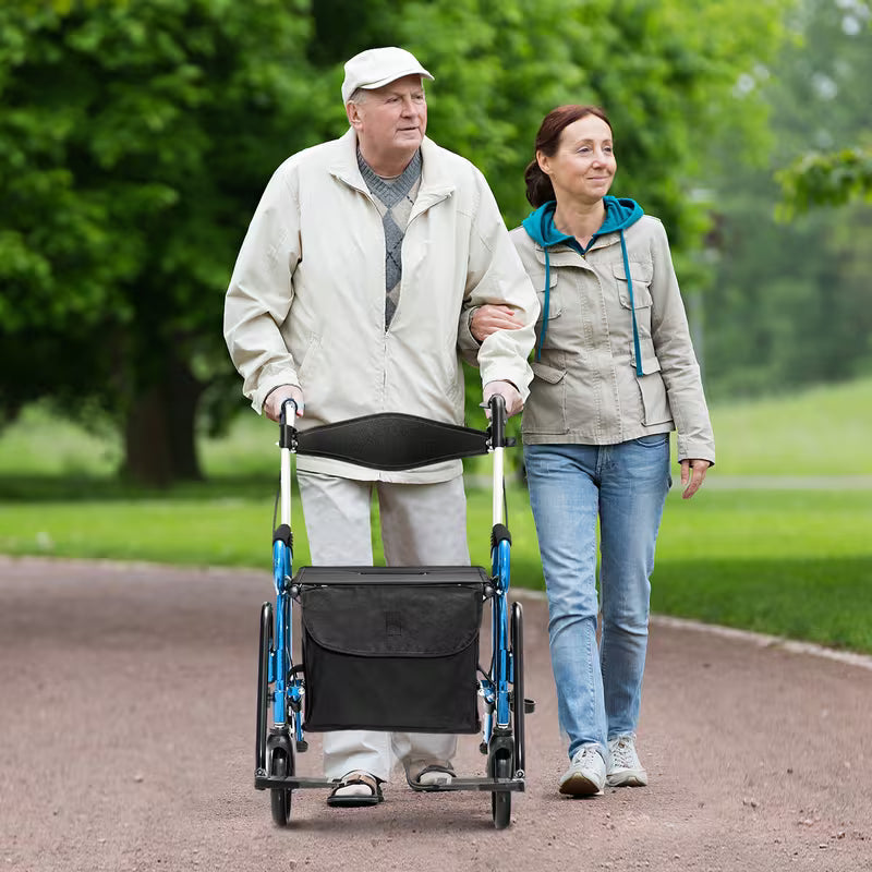 2-in-1 Folding Rollator Walker, Transport Wheelchair wSeat, Reversible Backrest