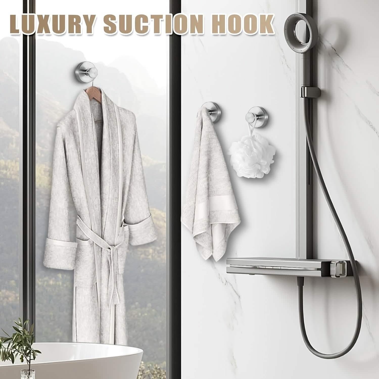 2 - Pack: Strong Suction Cup Hooks – Silver Brushed Stainless Steel, No Drilling Required - PhishStones Products