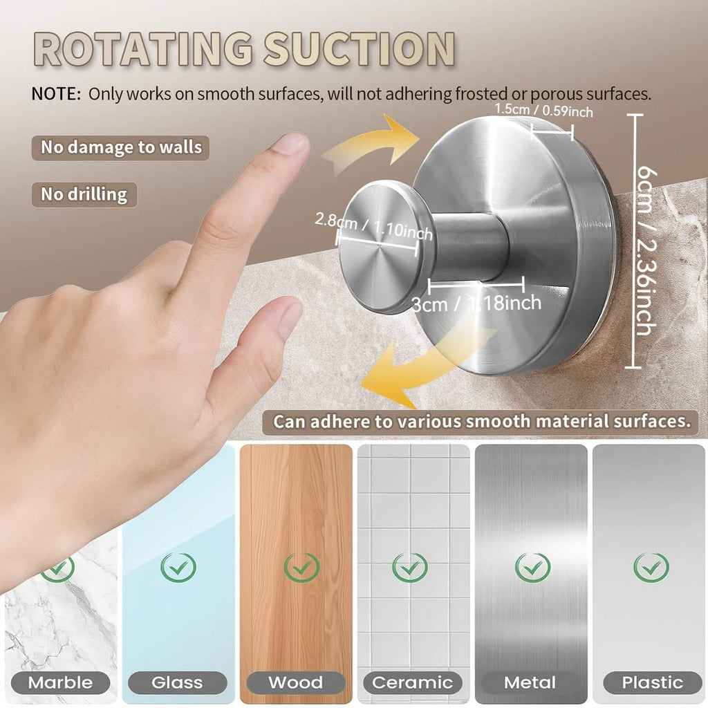 2 - Pack: Strong Suction Cup Hooks – Silver Brushed Stainless Steel, No Drilling Required - PhishStones Products