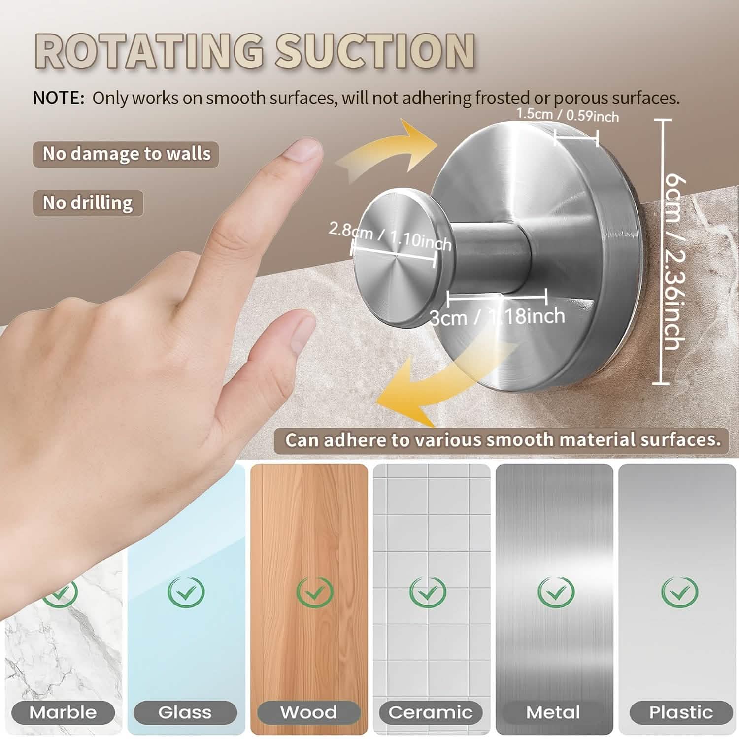 2 - Pack: Strong Suction Cup Hooks – Silver Brushed Stainless Steel, No Drilling Required - PhishStones Products