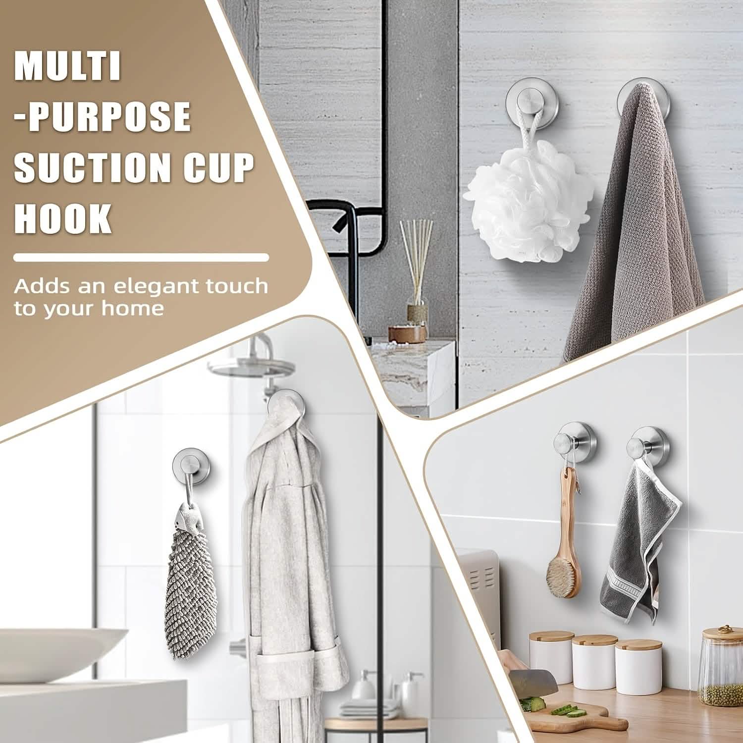 2 - Pack: Strong Suction Cup Hooks – Silver Brushed Stainless Steel, No Drilling Required - PhishStones Products