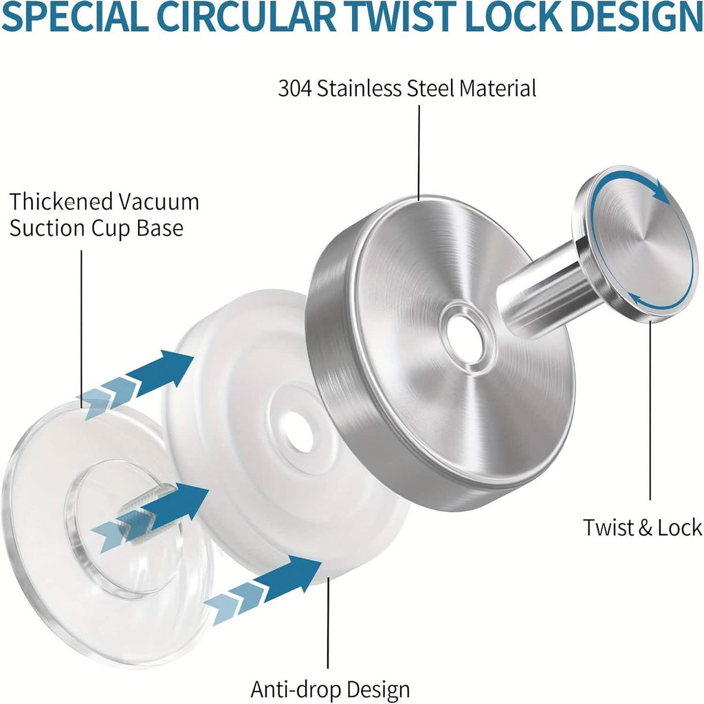 2 - Pack: Strong Suction Cup Hooks – Silver Brushed Stainless Steel, No Drilling Required - PhishStones Products