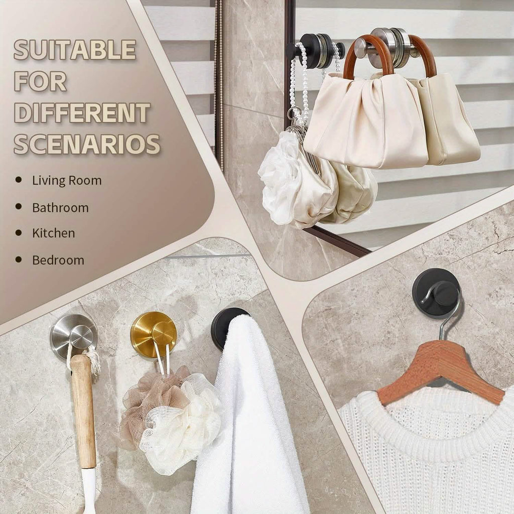 2 - Pack: Strong Suction Cup Hooks – Silver Brushed Stainless Steel, No Drilling Required - PhishStones Products