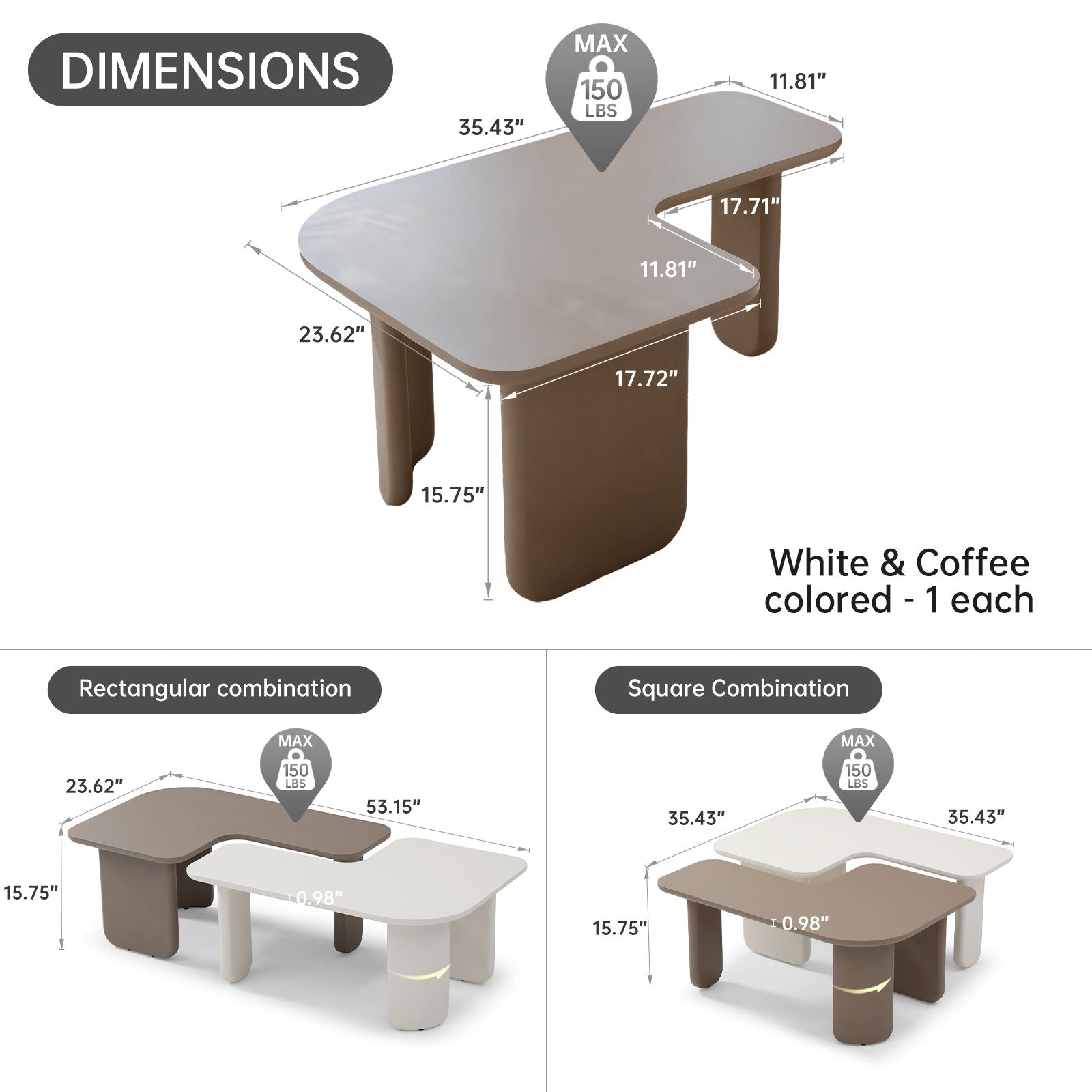 2 Pieces Modular Coffee Table Set, Free Combination - Khaki / White - PhishStones Products