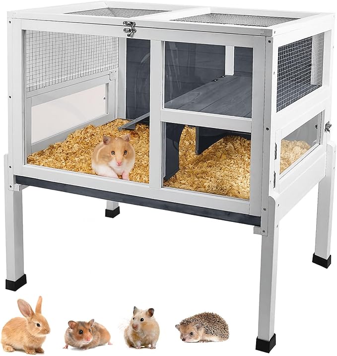 2 - Story Guinea Pig Cage with Stand, Indoor Wooden Hamster Cage with Ramp, Pull - Out Tray, Hideout & Platform, Acrylic Transparent Small Animal Habitat for Chinchillas, Ferrets, Hedgehogs,Grey - PhishStones Products