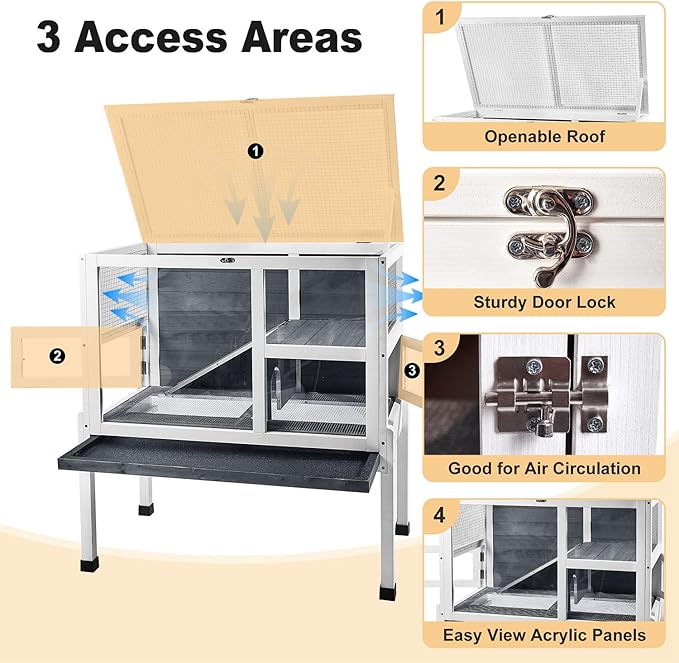 2 - Story Guinea Pig Cage with Stand, Indoor Wooden Hamster Cage with Ramp, Pull - Out Tray, Hideout & Platform, Acrylic Transparent Small Animal Habitat for Chinchillas, Ferrets, Hedgehogs,Grey - PhishStones Products