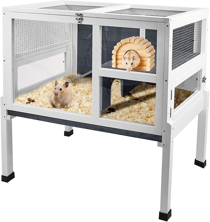 2 - Story Guinea Pig Cage with Stand, Indoor Wooden Hamster Cage with Ramp, Pull - Out Tray, Hideout & Platform, Acrylic Transparent Small Animal Habitat for Chinchillas, Ferrets, Hedgehogs,Grey - PhishStones Products
