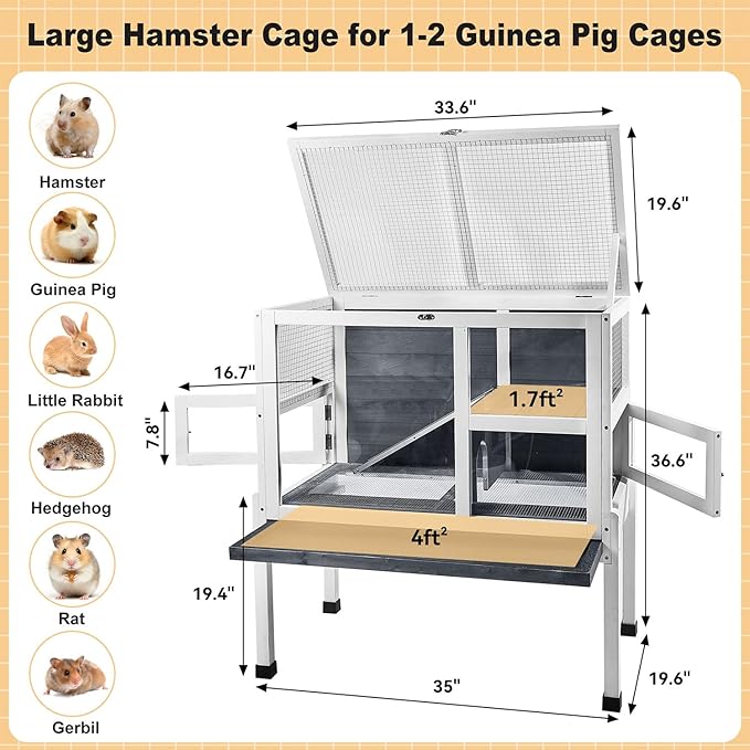 2 - Story Guinea Pig Cage with Stand, Indoor Wooden Hamster Cage with Ramp, Pull - Out Tray, Hideout & Platform, Acrylic Transparent Small Animal Habitat for Chinchillas, Ferrets, Hedgehogs,Grey - PhishStones Products
