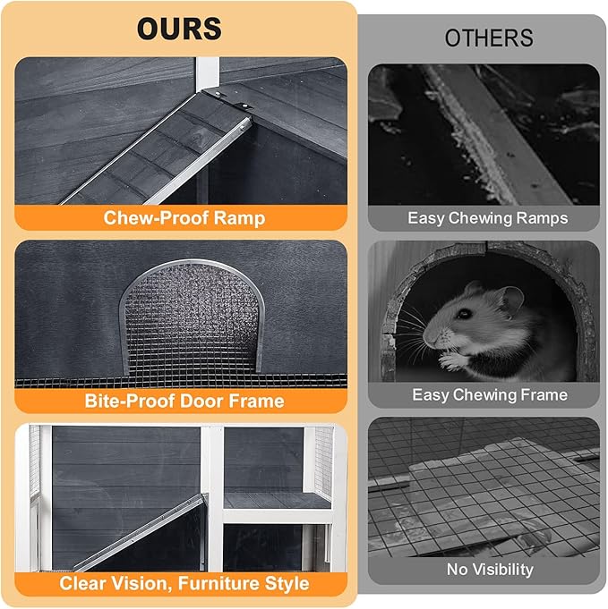 2 - Story Guinea Pig Cage with Stand, Indoor Wooden Hamster Cage with Ramp, Pull - Out Tray, Hideout & Platform, Acrylic Transparent Small Animal Habitat for Chinchillas, Ferrets, Hedgehogs,Grey - PhishStones Products