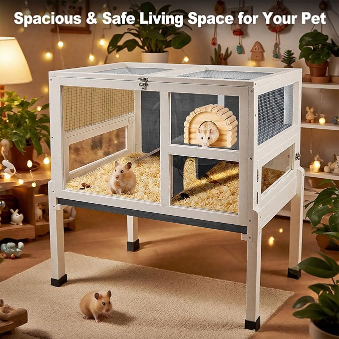 2 - Story Guinea Pig Cage with Stand, Indoor Wooden Hamster Cage with Ramp, Pull - Out Tray, Hideout & Platform, Acrylic Transparent Small Animal Habitat for Chinchillas, Ferrets, Hedgehogs,Grey - PhishStones Products