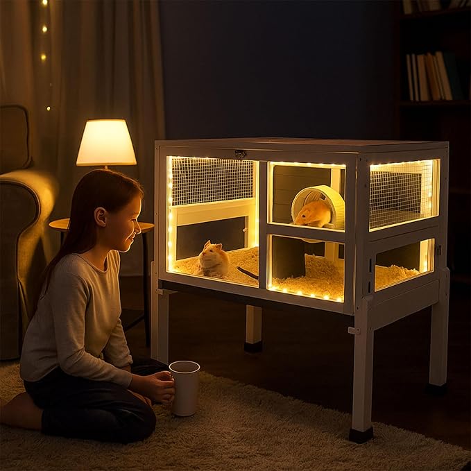 2 - Story Guinea Pig Cage with Stand, Indoor Wooden Hamster Cage with Ramp, Pull - Out Tray, Hideout & Platform, Acrylic Transparent Small Animal Habitat for Chinchillas, Ferrets, Hedgehogs,Grey - PhishStones Products