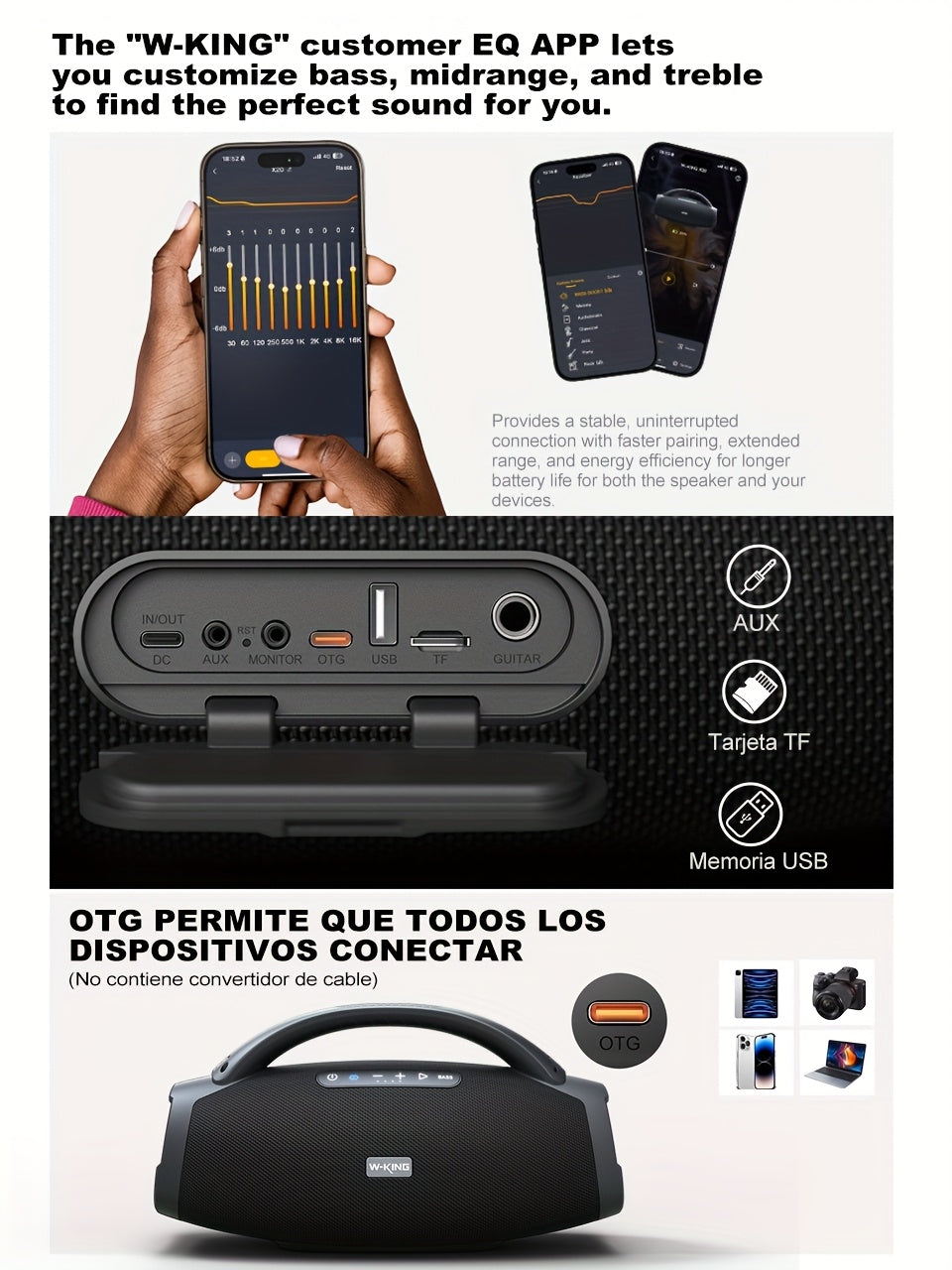 200W RMS 300W Peak Ultimate Portable Wireless Speaker, Large Outdoor Speaker with App Control, Consisting of a 3-Way System with 5 Drivers, for Party Speaker with Bass Enhancement, USB, TF Card, AUX, And Guitar Input