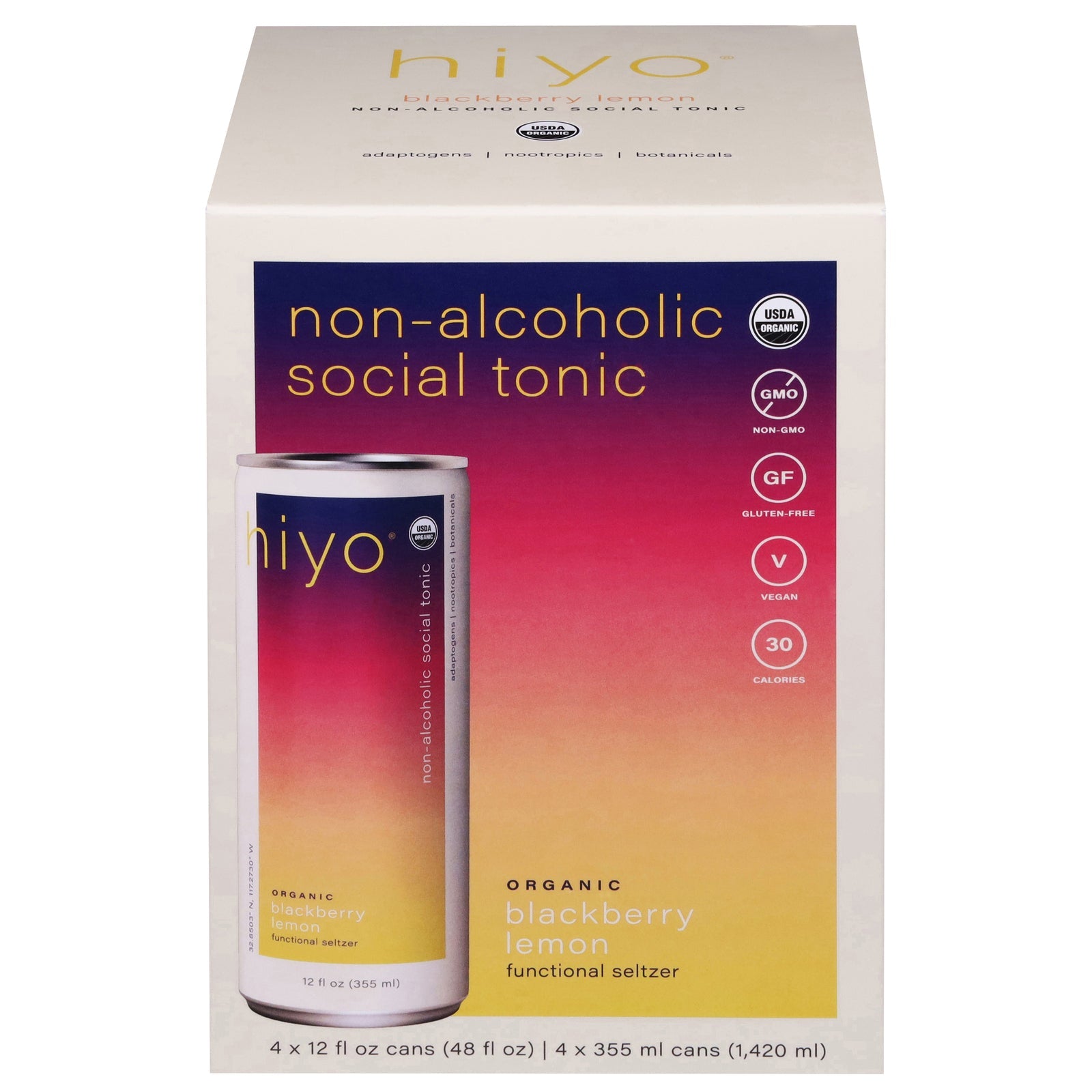 Hiyo - Organic Blackberry Lemon Seltzer, 4/12 fl oz (Pack of 6) - Vegan Adaptogen Drink