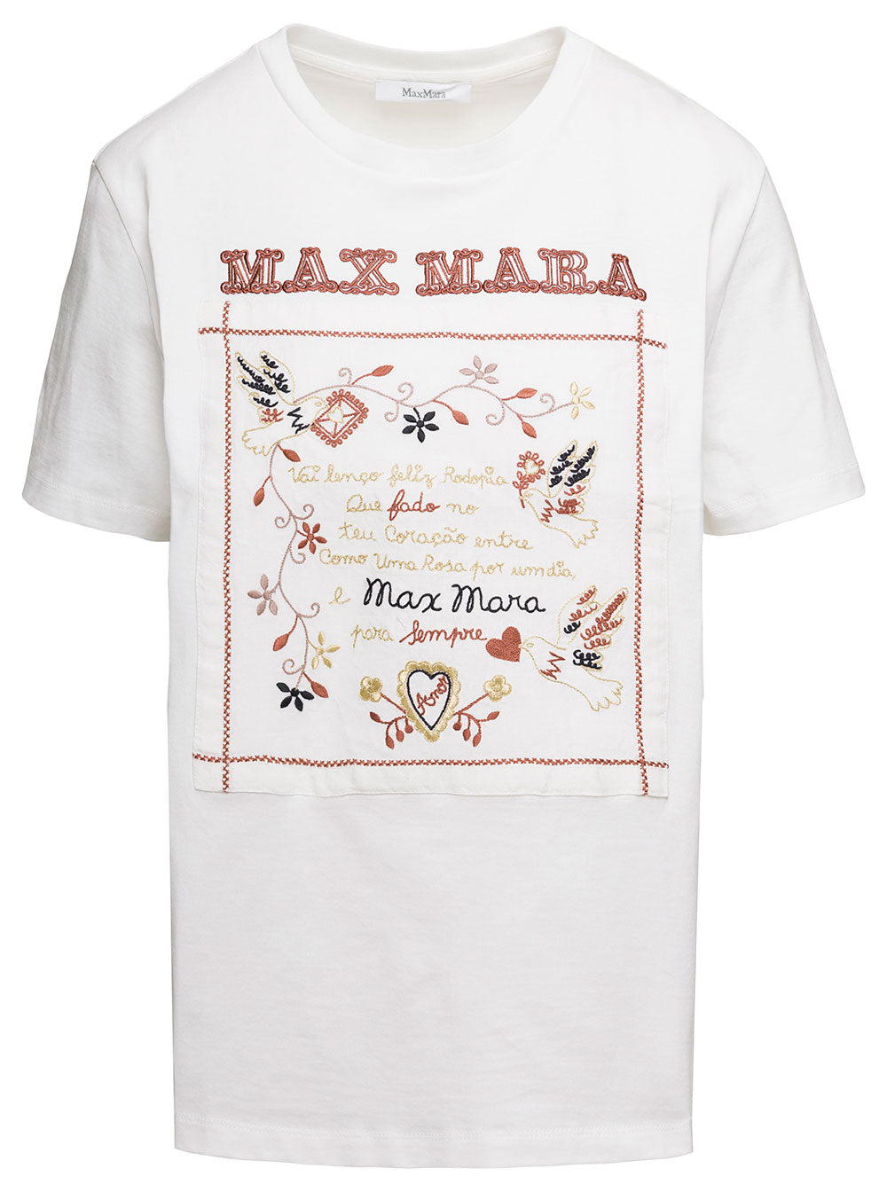 Max Mara Women White Crew Neck T-Shirt With Embroidered Design And Logo In Cotton Woman