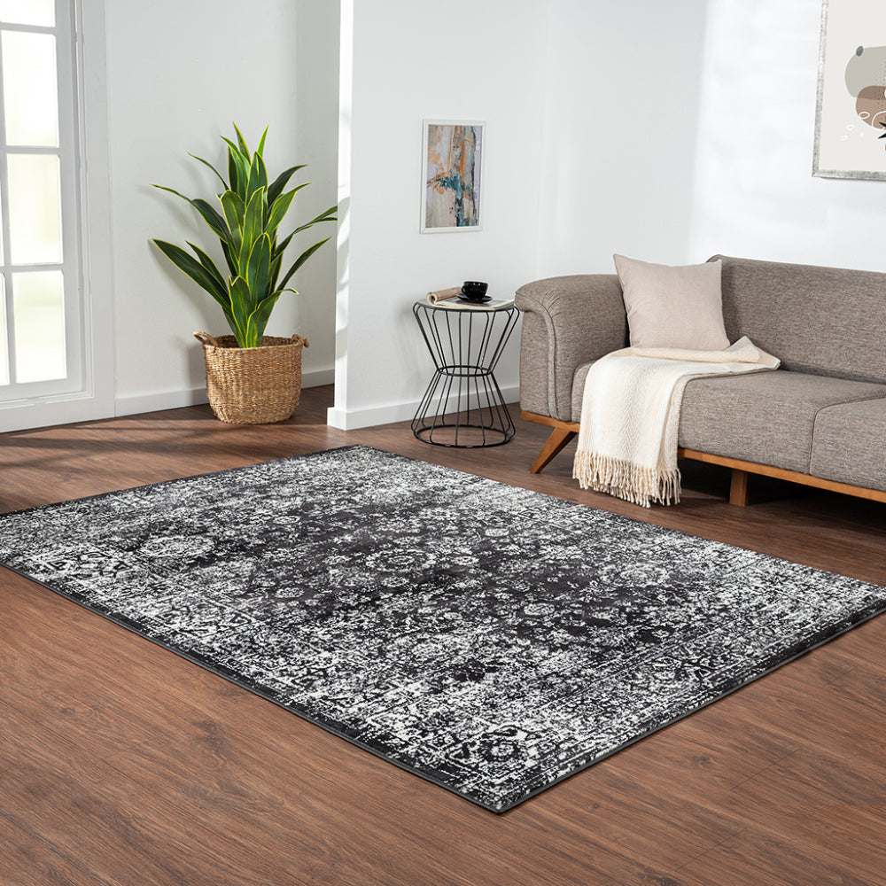 8×10 Distressed Vintage Persian Area Rug | OEKO-TEX Certified Woven Black & Cream Design — Non-Slip, Stain & Fade Resistant, Made in Turkey