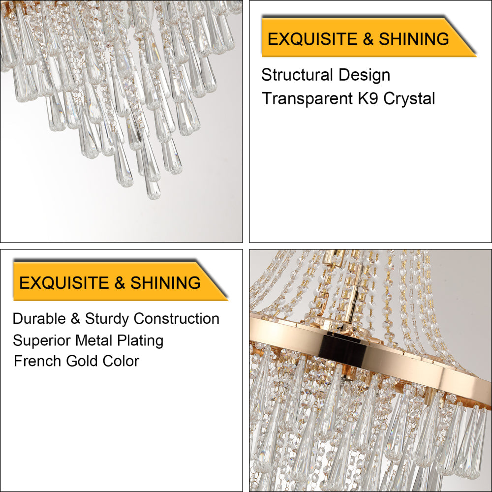 20" K9 Crystal Chandelier | 11-Light Modern Pendant with Adjustable Height 33"–71" — Chrome or Gold, Living Room, Dining Room & Staircase