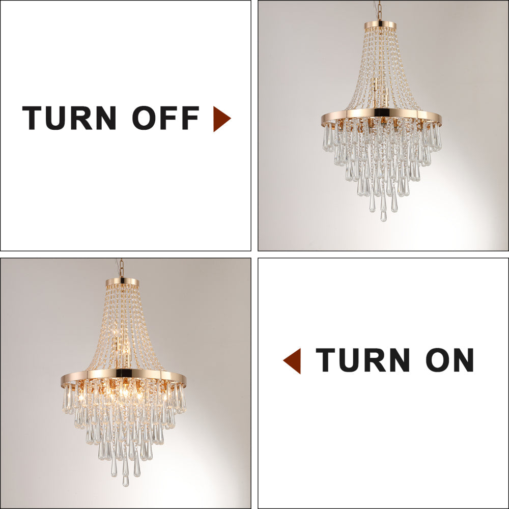 20" K9 Crystal Chandelier | 11-Light Modern Pendant with Adjustable Height 33"–71" — Chrome or Gold, Living Room, Dining Room & Staircase