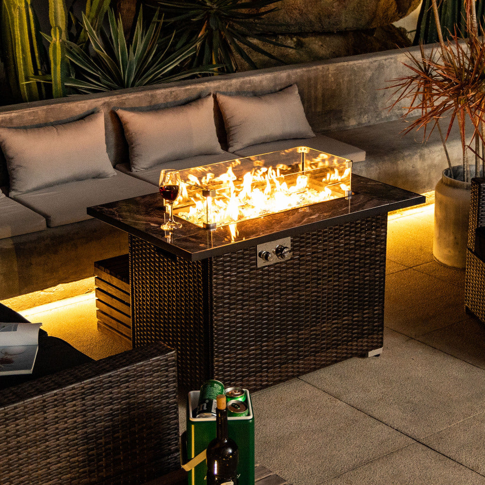 44" Propane Fire Pit Table | 50,000 BTU Rectangular Wicker Fire Table with Marble Tile Top & Glass Windscreen — Brown