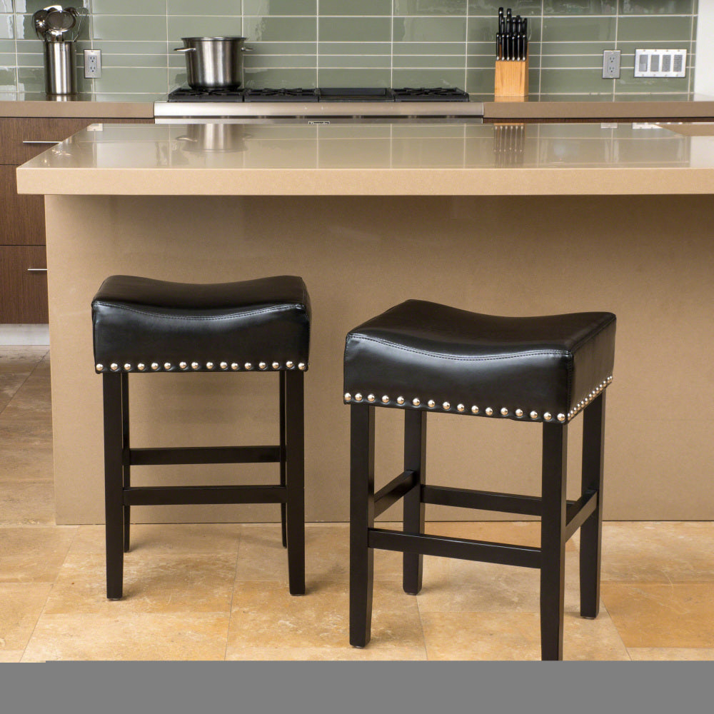 26" Backless Leather Counter Stools | Set of 2 Padded Saddle Seats with Chrome Nailhead Trim
